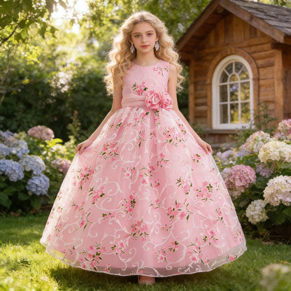 Summer Girls Floral Party Bridesmaids Dresses Elegant Tulle Wedding Princesss Prom Dress for Girl Gala Birthday Children Costume