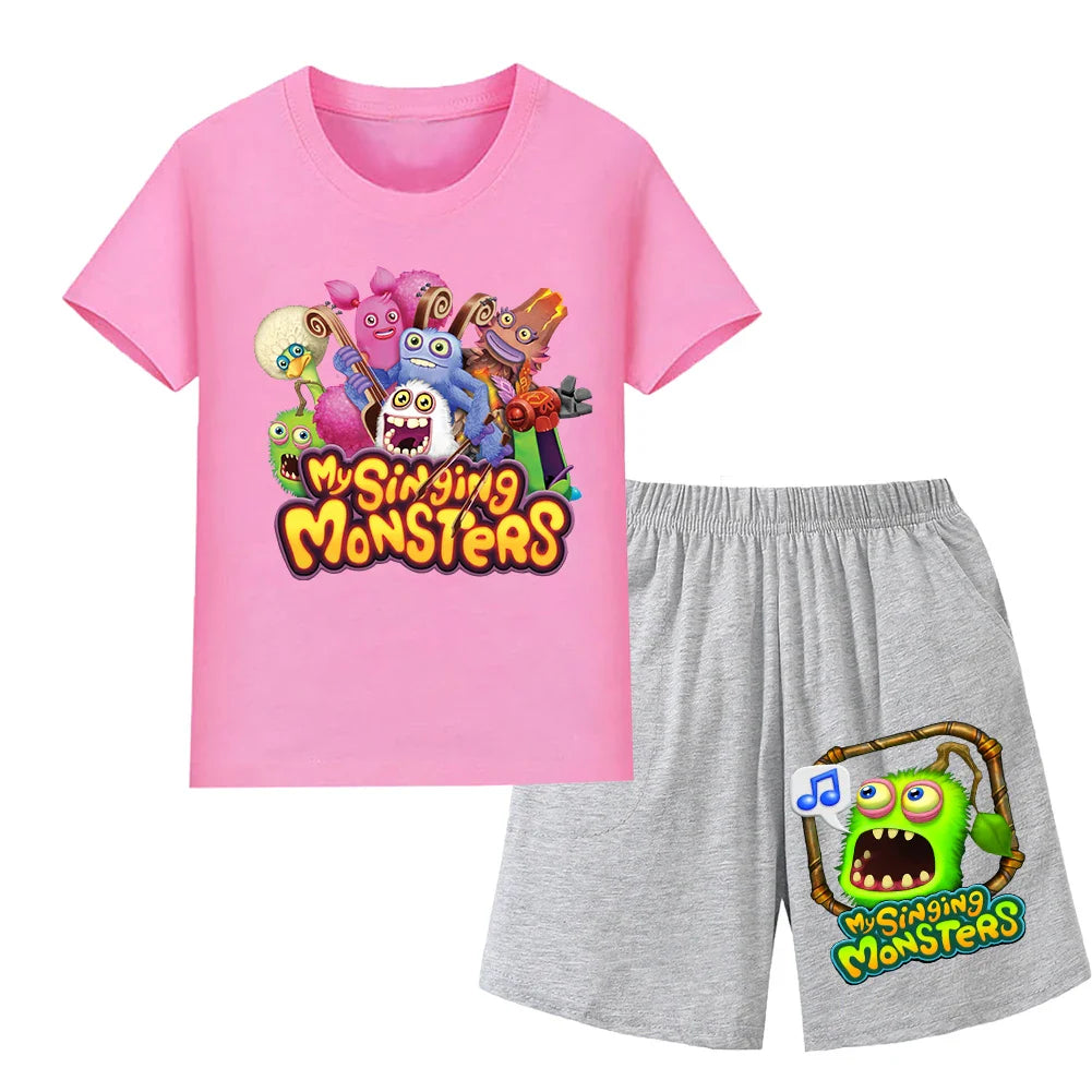 Summer Kids Cartoon Print Sport Clothing Suit Monsters Boys Casual Outfits Children Breathable T Shirt Pocket Shorts 2 Piece Set