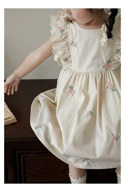 Summer Girls Dress Children's Clothing Bow Embroidered Flower Collar Girl's Dress Cartoon Printed Flying Sleeves Princess Dress