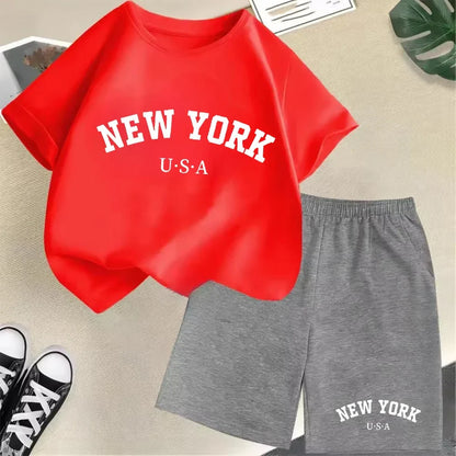 Summer Short Sleeve New York USA Letter Graphic Kid Tshirt +shorts 2pcs Set Baby Boy Girl Clothes Sport Cotton Children Outfit