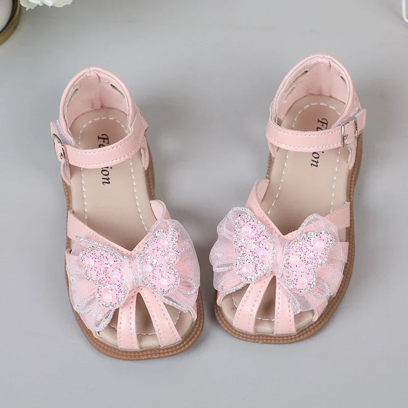 Shine Children Sandals for Girls Butterfly Cute Designer Kids Shoes Peep-toe Korean Style 2023 Summer New Soft Breatheable Chic