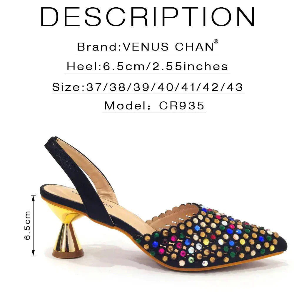 Mix Sapatos Femininos Salto Alto Bico Fino Designer Luxuoso Pedras Coloridas Festa Noturna Conjunto Combinando Sapatos e Bolsas