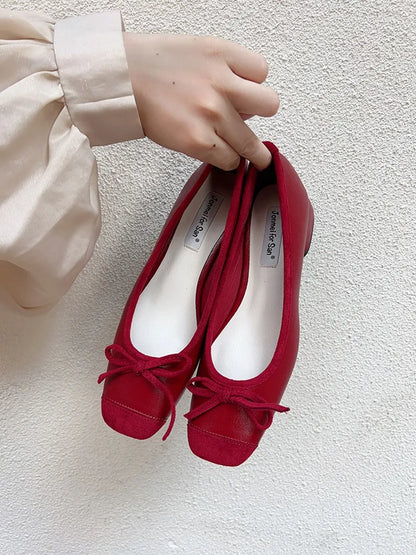 Fashion Elegant Red Ballerinas Women Pumps Slip on Loafers Round Toe Square Heels Bowknot Casual Spring Autumn Low Heel Shoes