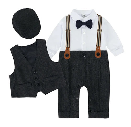 Toddler Gentleman Infant Baby Children Boys Clothes Set 3 Pcs Shirt Bow Tie Romper+Vest+Hat Newborn Dress Party Outfits Suit