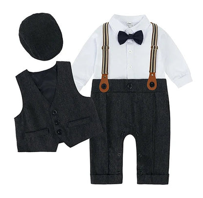 Toddler Gentleman Infant Baby Children Boys Clothes Set 3 Pcs Shirt Bow Tie Romper+Vest+Hat Newborn Dress Party Outfits Suit