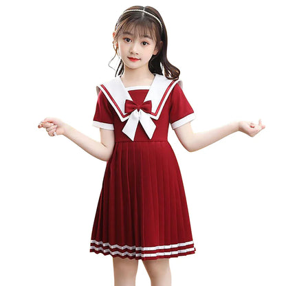 Short Sleeve Solid Color Sailor Collar Dress Girls Princess Style Birthdays Party Dress Girls Casual Dresses