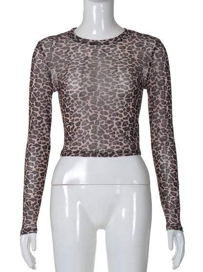 Sexy Long Sleeves Tops Mesh T Shirt Leopard Printed Bodycon Women Clothes Lady Party Club Streetwear Casual Nightout Y2K