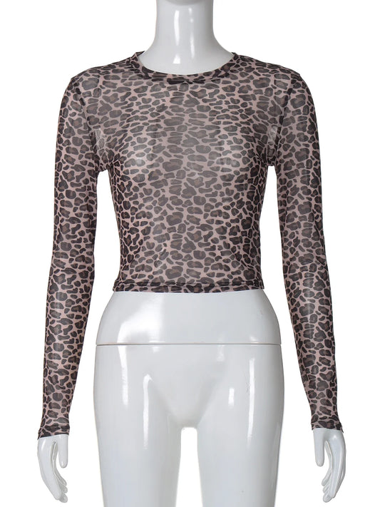 Sexy Long Sleeves Tops Mesh T Shirt Leopard Printed Bodycon Women Clothes Lady Party Club Streetwear Casual Nightout Y2K