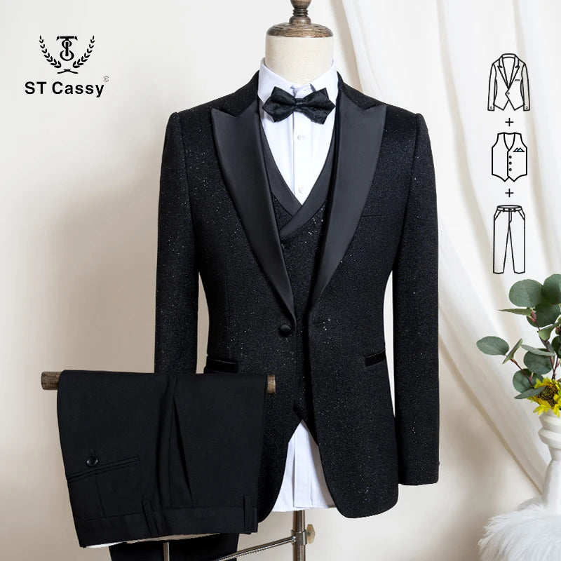 Ternos masculinos de luxo de alta qualidade 3 peças com detalhes de strass Vestido de Noiva Brilhante terno de diamante flash smoking terno de jantar
