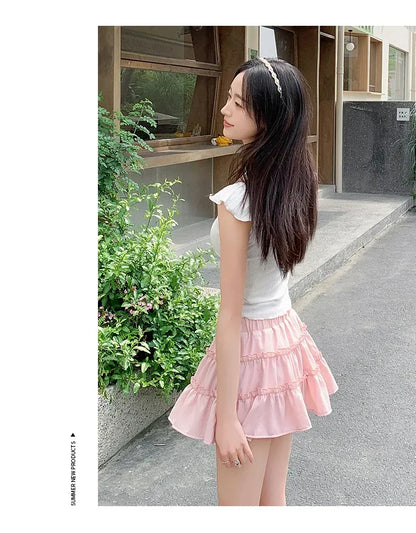 Elegant pink mini dress new summer thin style French ballet design cake skirt lace edge WOMEN'S JK skirt
