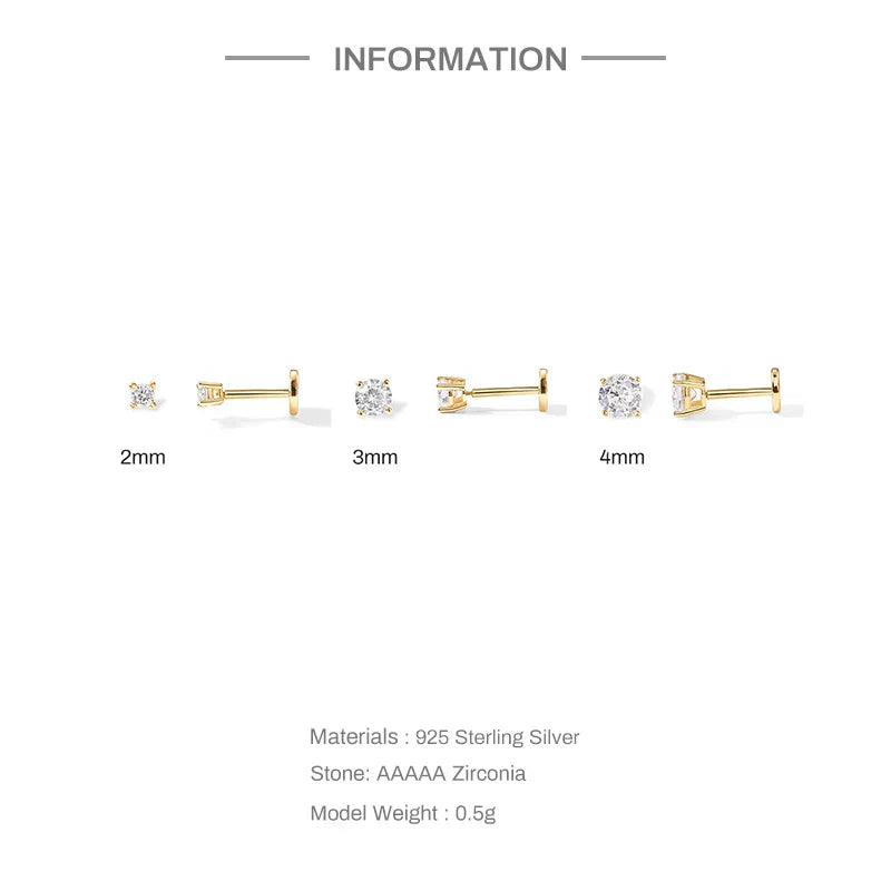 1Piece 925 Sterling Silver Labret Lip Ring Zircon Ear Studs Earrings For Women 2/3/4mm Tragus Cartilage Piercing Jewelry