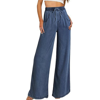 Women summer loose straight jeans drawstring pocket Sweatpants