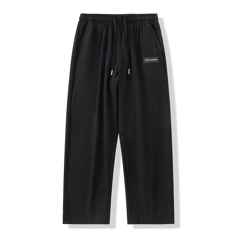 Men Drawstring Casual Pants Loose Drape Wide-leg Athleisure Pants Men Summer Thin Quick-drying Trousers Ice Silk Straight Pants
