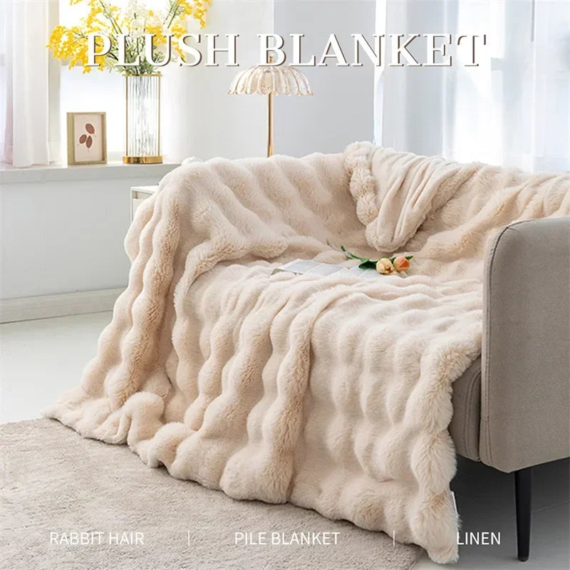 Cozy Rabbit Hair Bubble Velvet Blanket for Napping Soft Fuzzy Plush Bed Cover Sofa Throw Blanket All Season Warmth