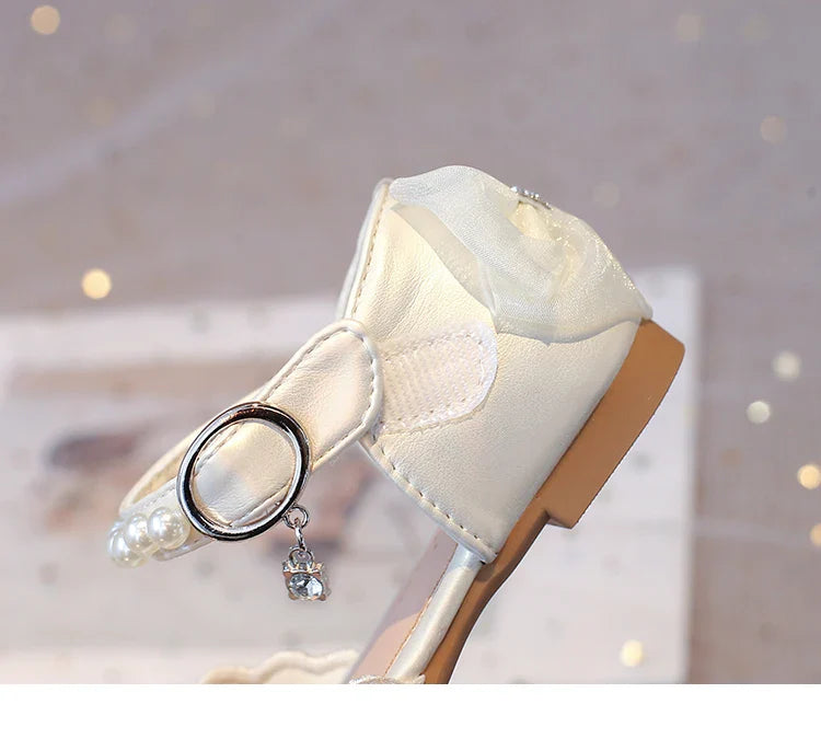 2025Summer Girls Sandals With Heel Fashion Rhinestone Shiny Glitter Shoes Children Princess Bowtie Pearl Dancing Shoes