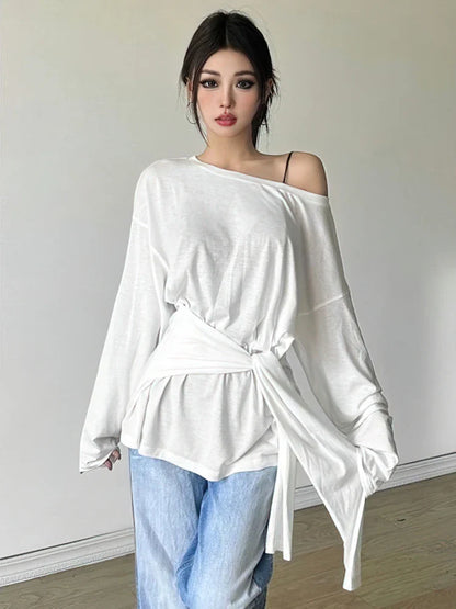 See Through Long sleeve Oversize T shirt Women Sexy Back Bandage Off shoulder Top Female Basic Long Tees Korean Chic Lady New