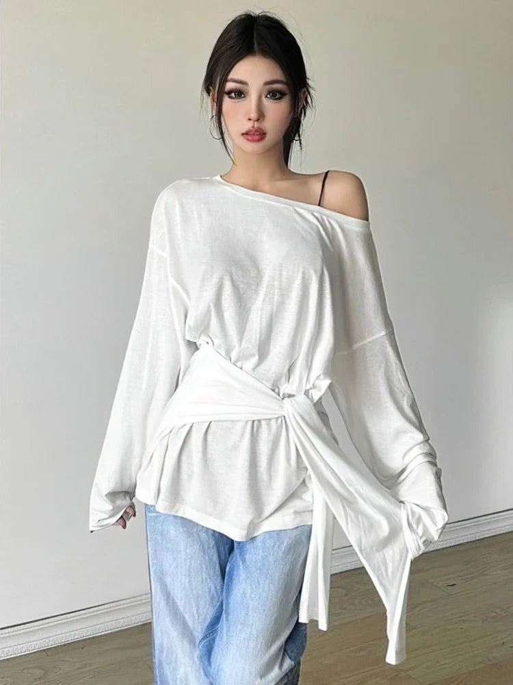 Sexy Thin See Through Long sleeve Oversize T shirt Women Bandage Off shoulder Top Female Basic Long Tees Korean Chic Lady New