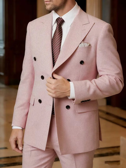 2026 New Double-Breasted Peak Lapel Men's Suit Set Two-Piece Coffee Beige Pink (Jacket   Pants) Casual Business B