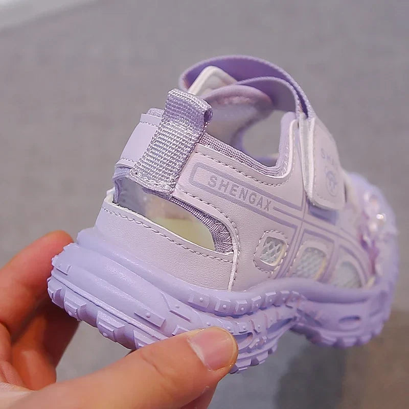 2026 summer new girls' bow mesh toe sandals soft and casual beach sandals children's outdoor walking non slip flat shoes