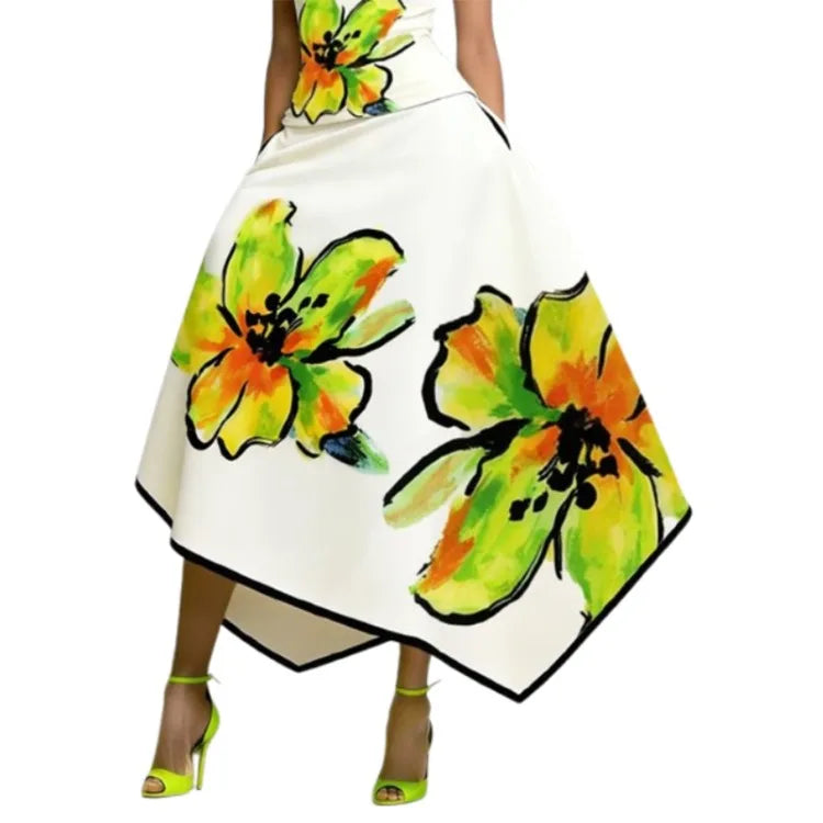 Women's Elegant Floral Printed Midi Skirt High Waist Asymmetric Hem Pockets High Waisted Party Evening A-Line Skirts