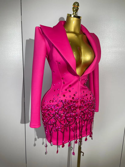 Crystal Chains Pearls Long Sleeve Mini Dress 2025 Women Birthday Evening Party Nightclub Outfit Singer Wedding Costume