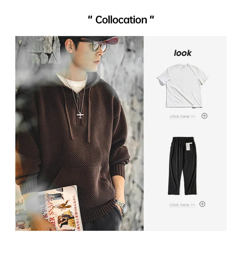Casual Knit Sweater Half-zip Basics Hoodies for Men Autumn Winter Fashion Brand Pullovers Warm Hooded Sweatshirt Tops