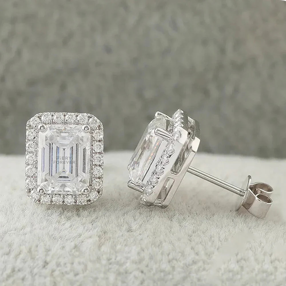 0.5/1/2ct Emerald Cut Halo Moissanite Diamond Stud Earrings 925 Sterling Silver Plated 18k Gold Earring Fine Jewelry for Women