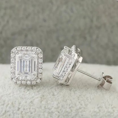 0.5/1/2ct Emerald Cut Halo Moissanite Diamond Stud Earrings 925 Sterling Silver Plated 18k Gold Earring Fine Jewelry for Women