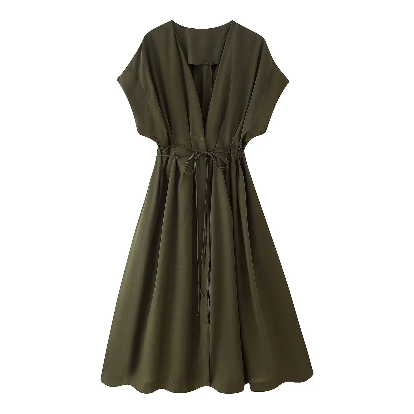 Spring Summer Vintage Women Dress Fashion Single Breasted Sashes Draped V Neck Sleeveless Chic Brown Ladies Dresses