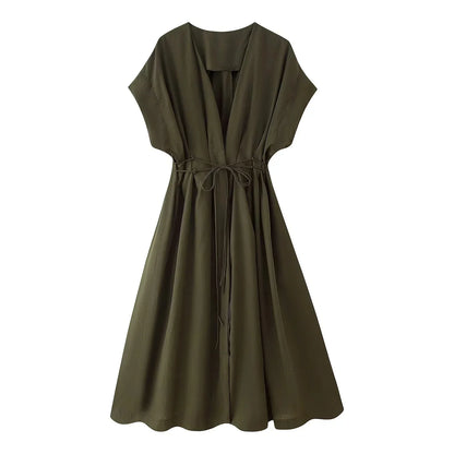 Spring Summer Vintage Women Dress Fashion Single Breasted Sashes Draped V Neck Sleeveless Chic Brown Ladies Dresses