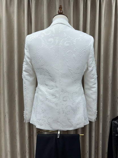 Ternos Masculinos Jacquard Brancos Elegantes com Miçangas 3 Peças Roupa de Dança Plus Size Conjunto de Terno Masculino com Gola Xale Manga Longa Outono Smoking