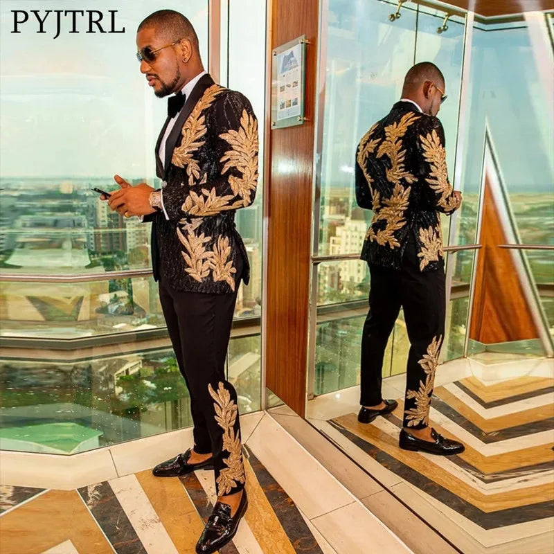 Men's Gold Sequin Applique Fashion Trend Suit Set High-Quality Casual Jacket And Western Pants Two-Piece Ensemble