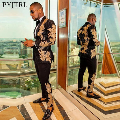 Men's Gold Sequin Applique Fashion Trend Suit Set High-Quality Casual Jacket And Western Pants Two-Piece Ensemble