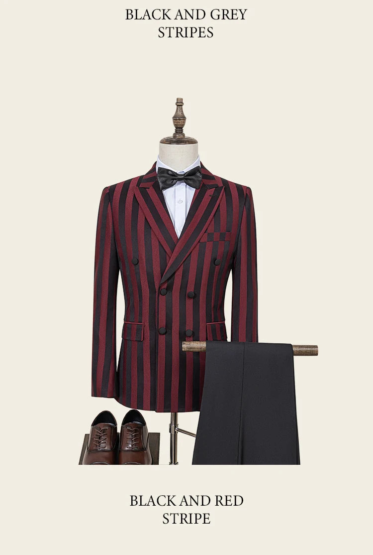 Party outfit Fashion red and black striped evening gown Double Breasted Slim Fit luxury man jacket tuxedo Men's Suit
