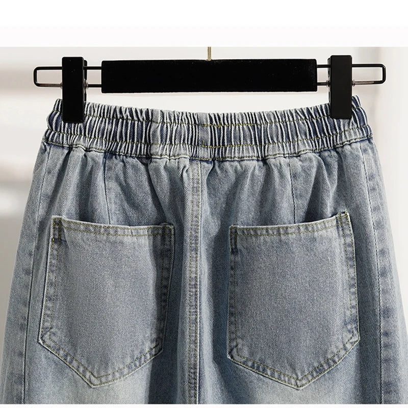 Casual Plus Size Denim Shorts Woman Boyfriend Loose Wide Leg Jeans Short Pants Midi Bermudas Elastic High Waisted Shorts Women