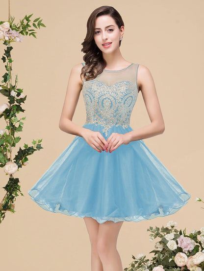 Vestidos Curtos Roxo de Baile com Apliques Dourados, Decote Ilusão A-Line, Mini Vestidos de Festa da Moda para Mulheres, Robe De Soirée