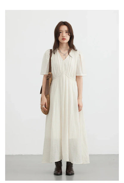 Women Dresses French Style Vintage V-neck Puff Sleeve Long Dress Solid Black Loose Female Clothing Summer New 2023