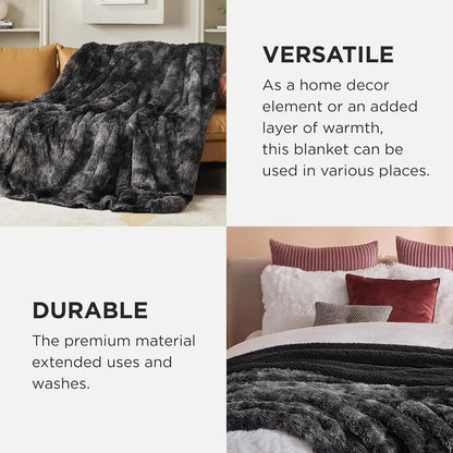 King Size Fluffy Tie Dye Black Blanket, Thick Sherpa Faux Fur Fleece Bedding for Winter Warmth, Cozy Gift 108x90