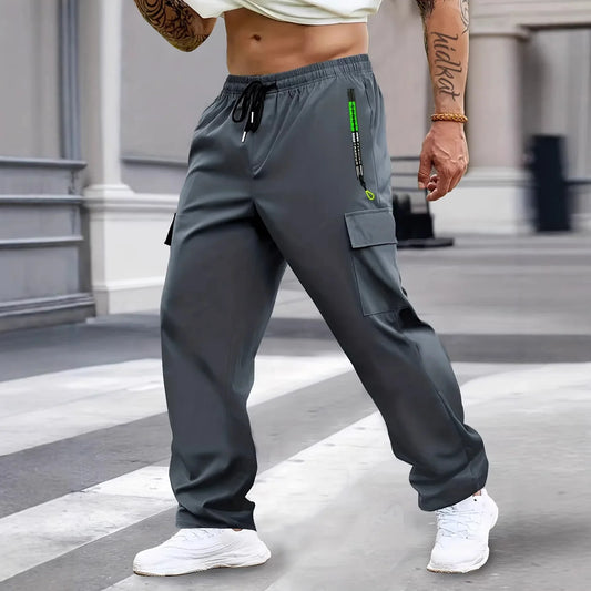 Men Lightweight Cargo Pants with Drawstring Elastic Waist Multiple Zipper Pockets Large Side Pockets Breathable Regular Fit