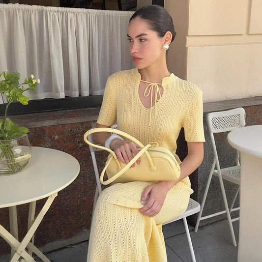 Long Dress Female Short Sleeve Slim Hollow Retro Elegant Sweater Dress 2025 Summer High Waist Woman Dress