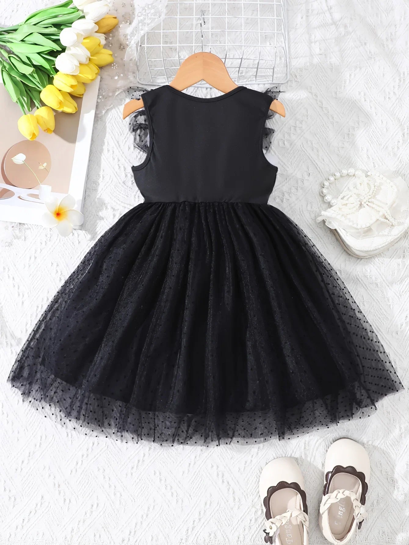Girls Summer Casual Fashion Flying Sleeve Bow Dot Flocking Mesh Dress Beach Wedding Holiday Party Princess Dress Gift