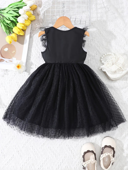 Girls Summer Casual Fashion Flying Sleeve Bow Dot Flocking Mesh Dress Beach Wedding Holiday Party Princess Dress Gift