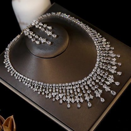 Magnificent White Color CZ Zircon Tassel Flowers Drop Necklace Earrings Sets for Women Bridal Evening Wedding Dinner Jewelry