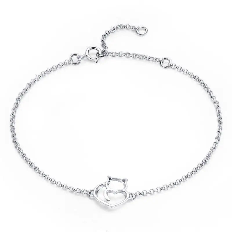 100% 925 Sterling Silver Cat And Heart Link Chain Bracelets & Bangles for Women Authentic Silver Jewelry Gift 3 Colors
