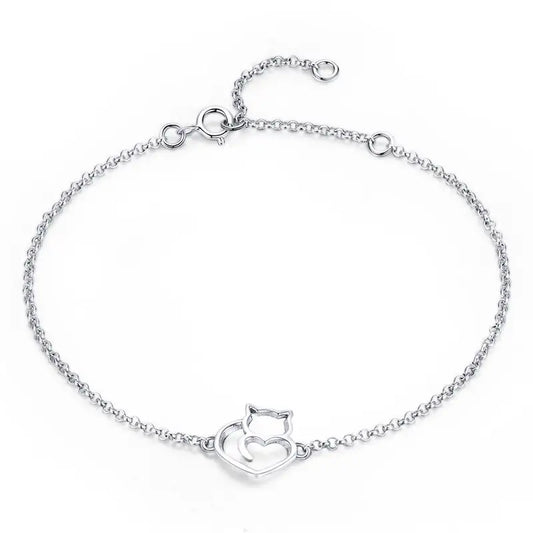 100% 925 Sterling Silver Cat And Heart Link Chain Bracelets & Bangles for Women Authentic Silver Jewelry Gift 3 Colors