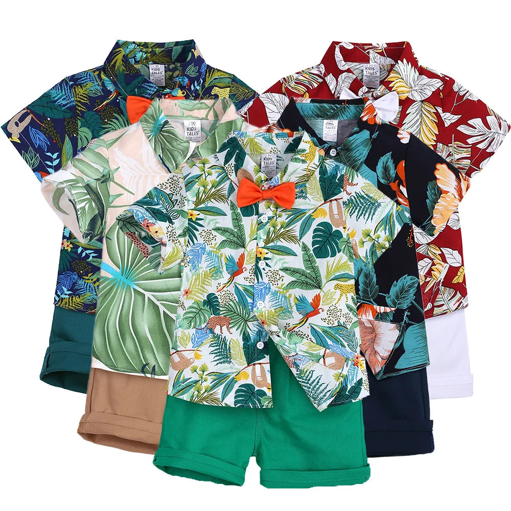 2026 Gentleman  Kids Boys Party Clothing Set Print Hawaii Style Short Sleeve Shirt +Short Pants Formal Suit Seaside Outfits 2Pcs