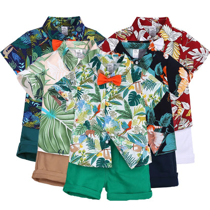 2026 Gentleman  Kids Boys Party Clothing Set Print Hawaii Style Short Sleeve Shirt +Short Pants Formal Suit Seaside Outfits 2Pcs