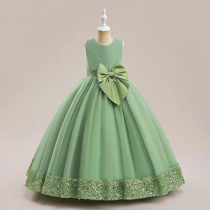 Teen Girls Luxury Big Bow Evening Gown Wedding Bridesmaid Party Dress For Girl Kids Sequin Princess Birthday Dresses Summer Wear