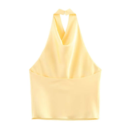 Elegant Women's Satin Backless Halter Vest Summer Solid Sleeveless Sexy High Street Waistcoat Female Slim Camisole Tops