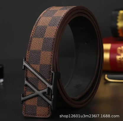 Light Luxury Premium Mens Leather Belt Check Pattern Genuine Pure Cowhide Casual Business Trendy Waist Belt